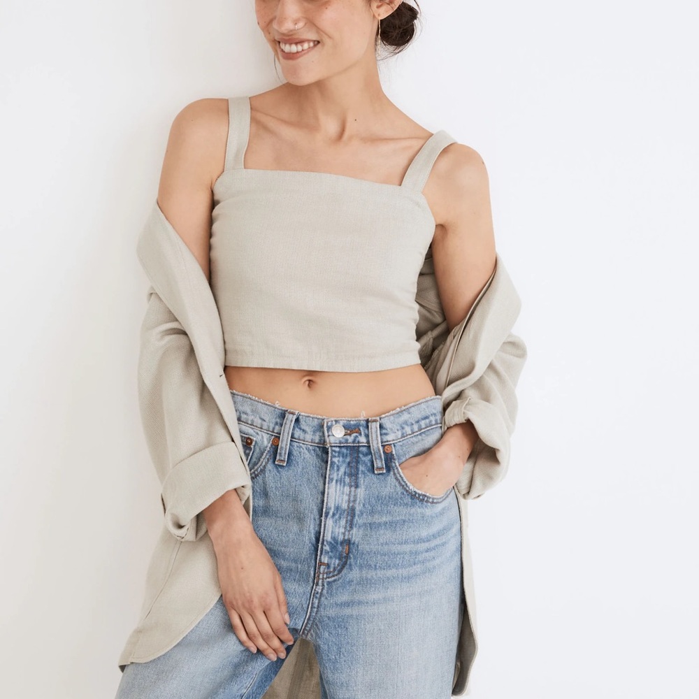 Madewell Breezewoven Abbie Square Neck Crop Top. Linen Blend. Smocked Back Small